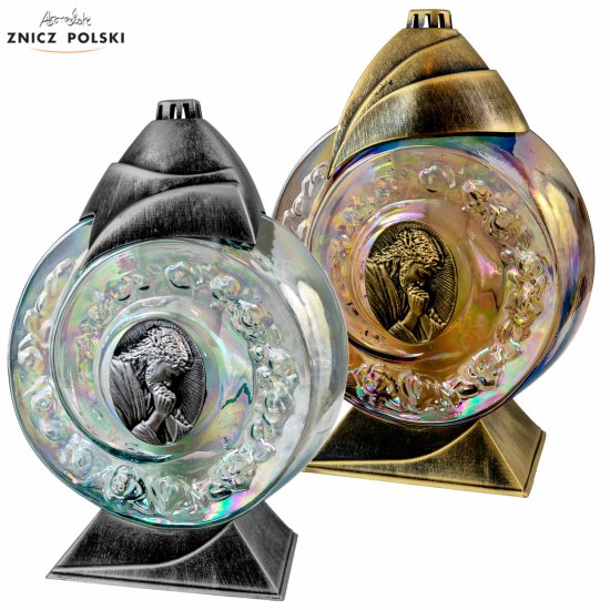 SL PJ - okrągły ozdobny znicz ze szkła tęczowego z wizerunkiem Pana Jezusa